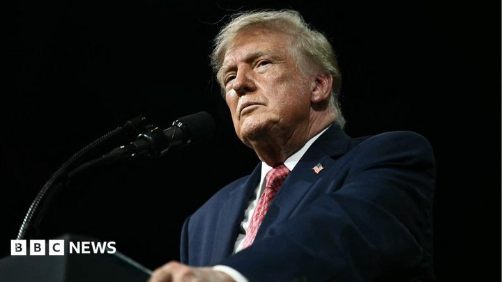 Donald Trump durant un discurs amb la bandera dels Estats Units al fons.
