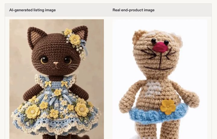 Captura de pantalla d'Etsy on es mostren exemples de productes i imatges regulades per la nova normativa d'IA.