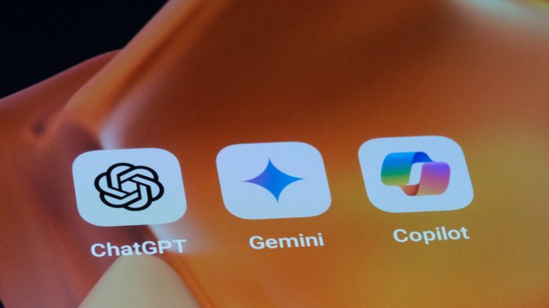 Phone screen showing ChatGPT, Gemini, and Copilot icons.