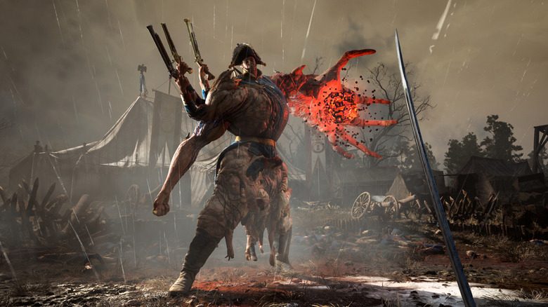 Video game screenshot of a monstrous creature with a giant, flaming hand.
