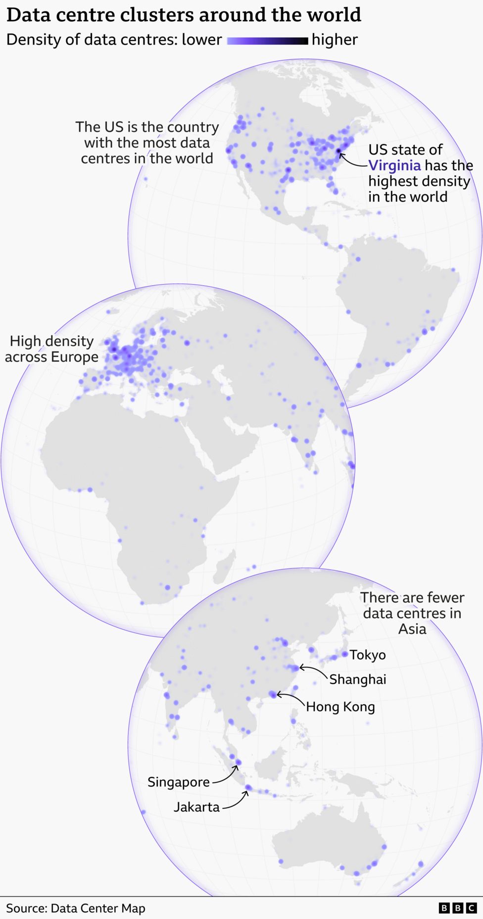 Three globe maps show the density of data centres worldwide, with darker purple indicating higher concentrations. The United States has the largest number of data centres, with Virginia highlighted as