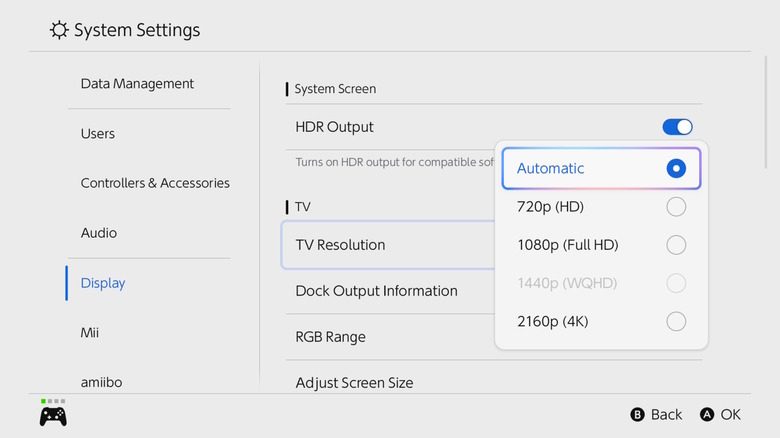Screenshot of Nintendo Switch 2's resolution sub-menu under its settings menu.