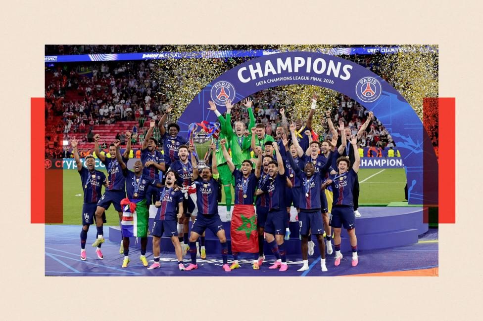 Paris Saint-Germain celebrates the Champions League final victory with the trophy during the UEFA Champions League match between Paris Saint Germain v Arsenal at the Puskas Arena on May 30, 2026 in Bu