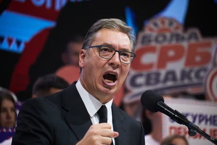 Aleksandar Vucic delivers a speech