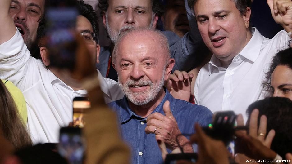 Brazilian President Luiz Inacio Lula da Silva, the Workers' Party (PT) candidate for presidential re-election, speaks as he celebrates with his wife, Rosangela "Janja" da Silva, and Vice President Ger