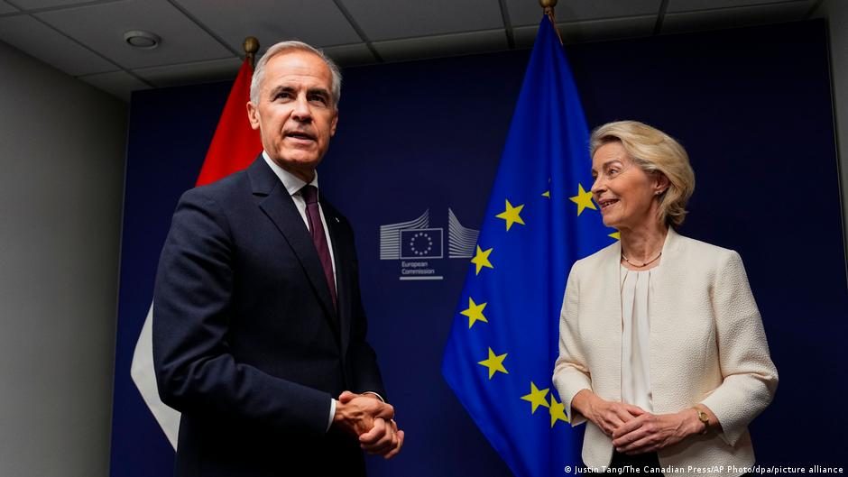 Canadian Prime Minister Mark Carney and German Chancellor Friedrich Merz at a press conference