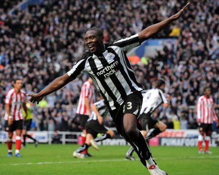 An overjoyed Shola Ameobi wheels away after scoring against Newcastle’s derby rivals, Sunderland, in October 2010