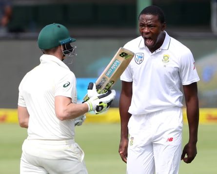 Rabada celebrates taking the wicket of Smith in 2018.