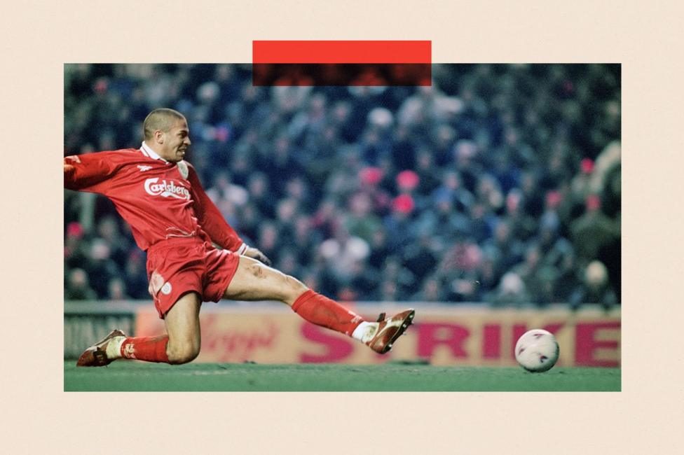 Stan Collymore scoring his second goal of the match (Liverpool's third) during Liverpool's 4-0 Premier League victory against Leeds at Anfield, 19th February 1997.