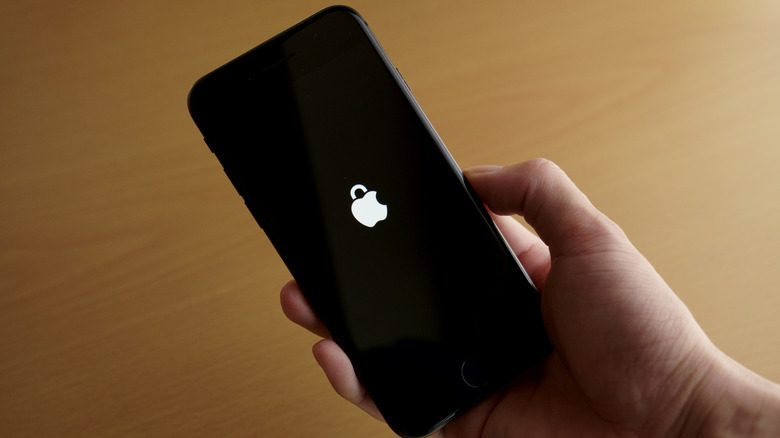 An iPhone displaying an Apple logo that looks like a padlock.