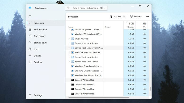 The Windows Task Manager window, showing a list of running processes.