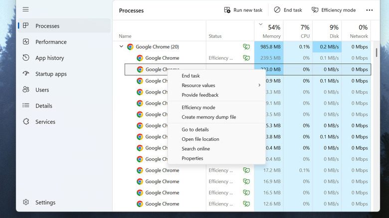 A Windows Task Manager window, showing Google Chrome processes and the context window required to end one of the processes.